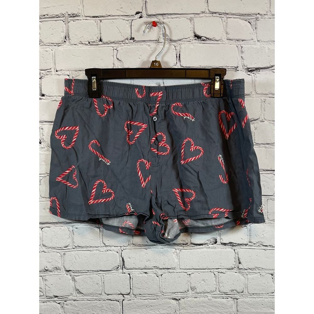 PINK Candy Cane Heart Pattern Lounge Shorts Grey Elastic Waist Sleepwear L‎